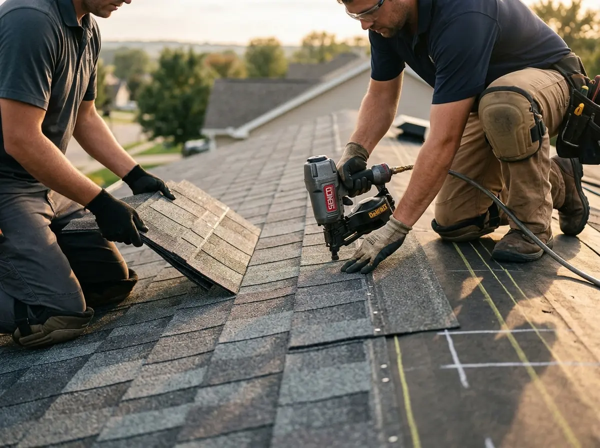 Professional roofer working on a residential roof in Upper Makefield